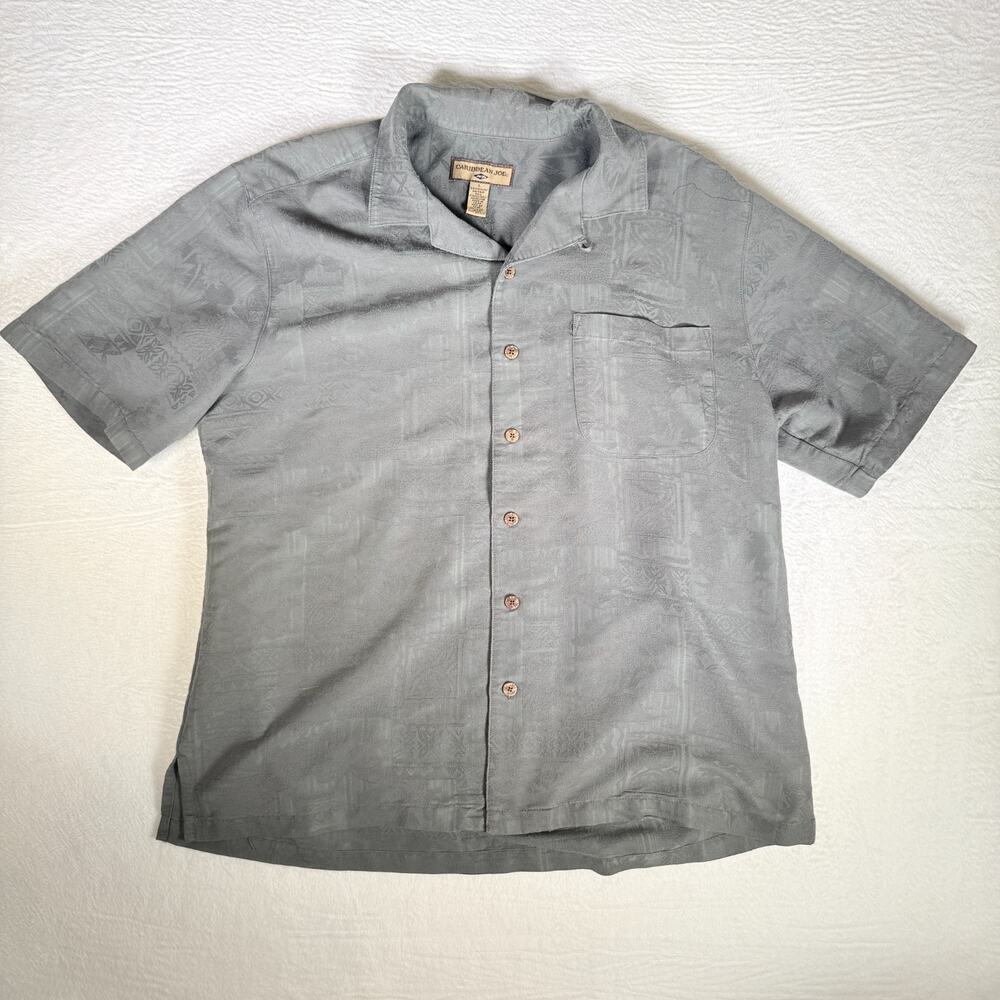Caribbean Joe Shirt Large Green Palm Tree Print Collared Button‎ Down Hawaiian